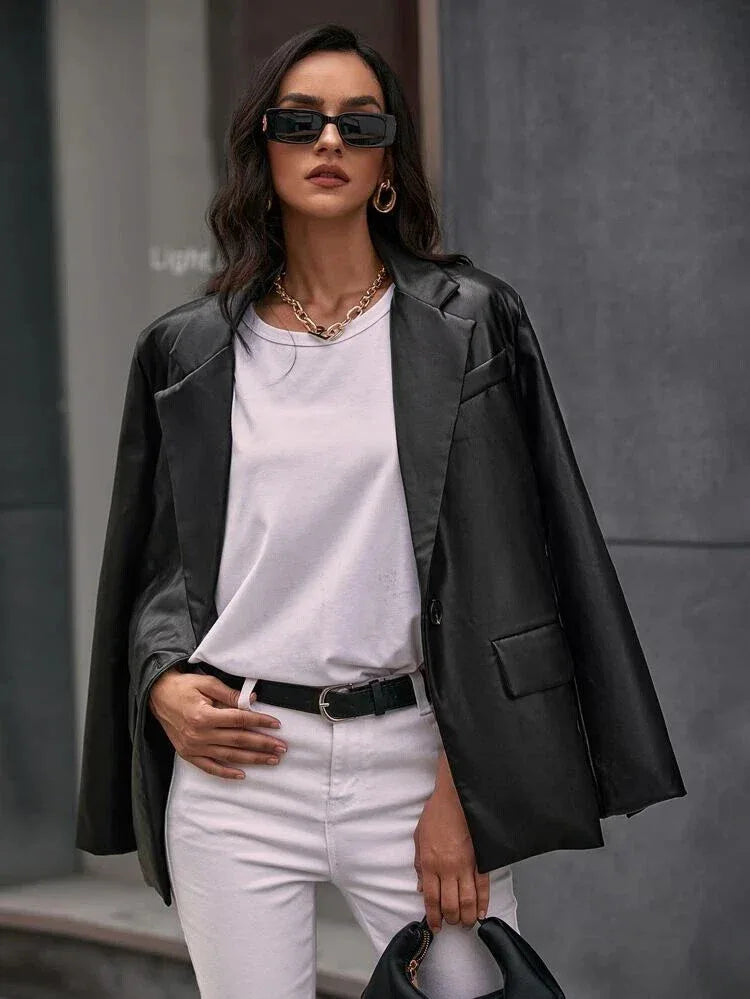 Women's Premium Black Original Leather Blazer - Handcrafted Oversized Full-Grain Jacket