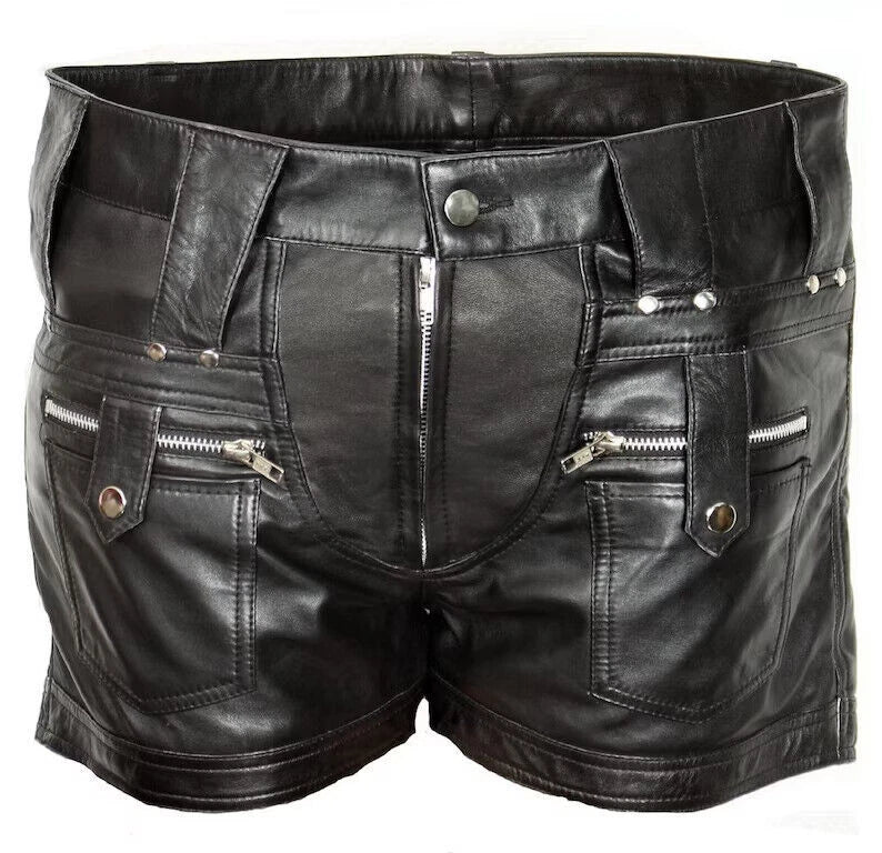 Men's Black Original Leather Shorts Multi-Zipper Studded Details Handcrafted