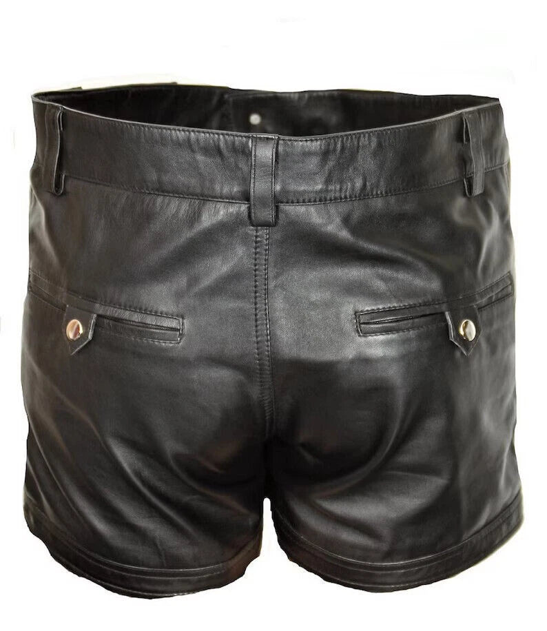 Men's Black Original Leather Shorts Multi-Zipper Studded Details Handcrafted