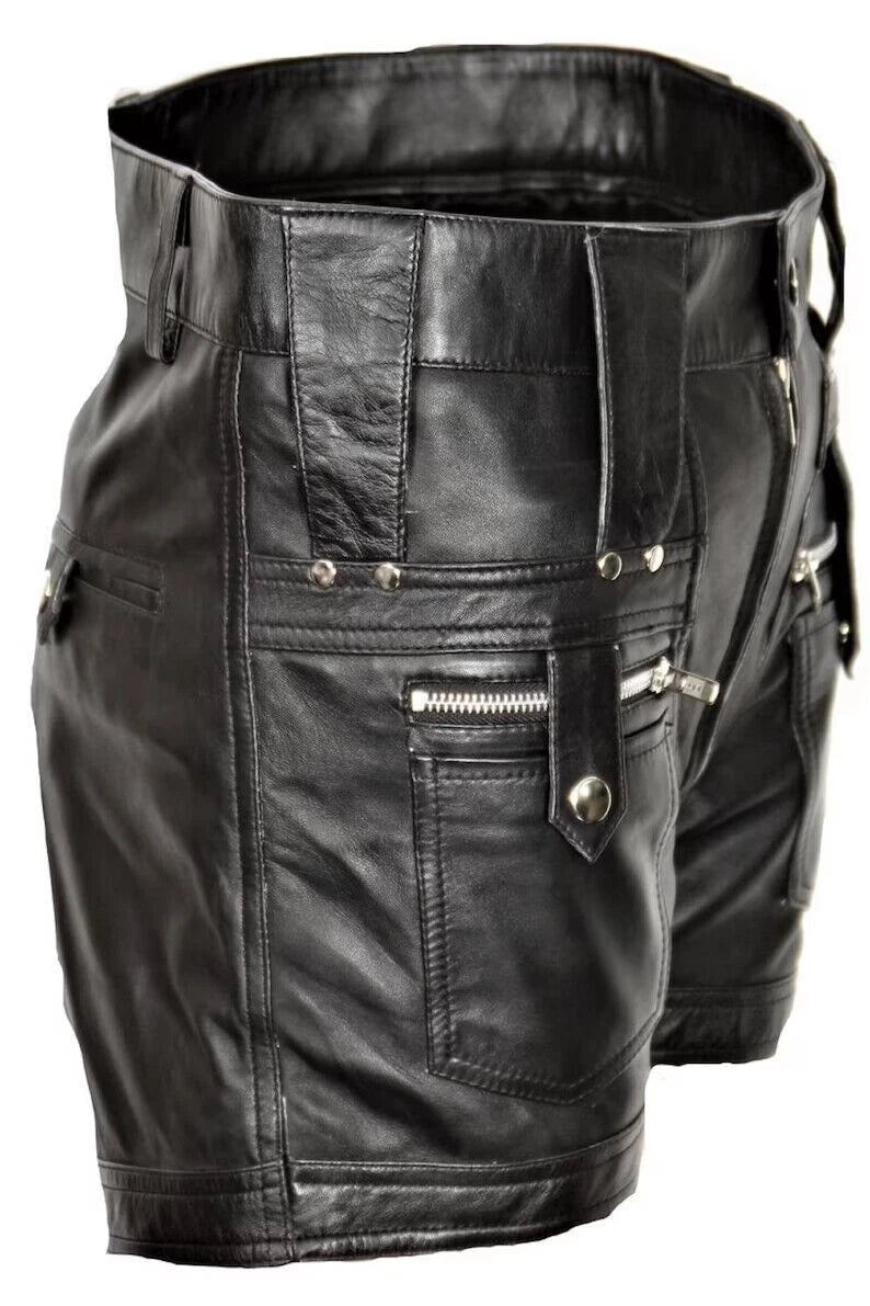 Men's Black Original Leather Shorts Multi-Zipper Studded Details Handcrafted