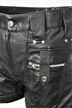 Men's Black Original Leather Shorts Multi-Zipper Studded Details Handcrafted