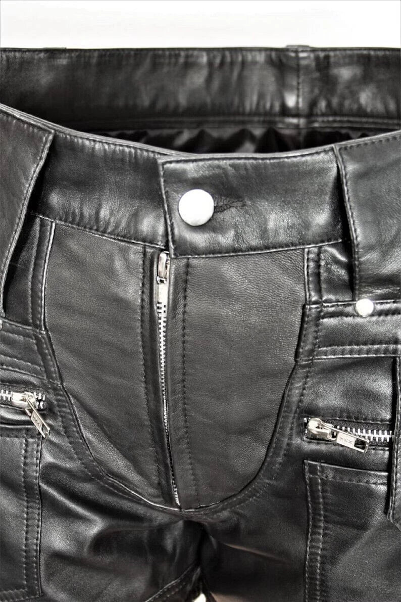 Men's Black Original Leather Shorts Multi-Zipper Studded Details Handcrafted