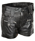 Men's Black Original Leather Shorts Multi-Zipper Studded Details Handcrafted