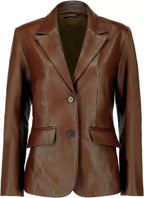 Women's Premium Cognac Brown Original Leather Blazer - Handcrafted Full-Grain Tailored Jacket