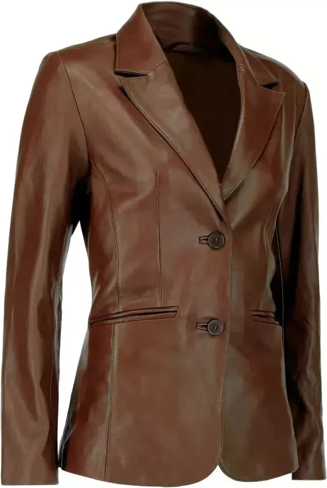 Women's Premium Cognac Brown Original Leather Blazer - Handcrafted Full-Grain Tailored Jacket