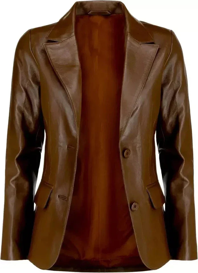 Women's Premium Cognac Brown Original Leather Blazer - Handcrafted Full-Grain Tailored Jacket