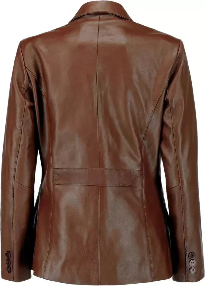 Women's Premium Cognac Brown Original Leather Blazer - Handcrafted Full-Grain Tailored Jacket