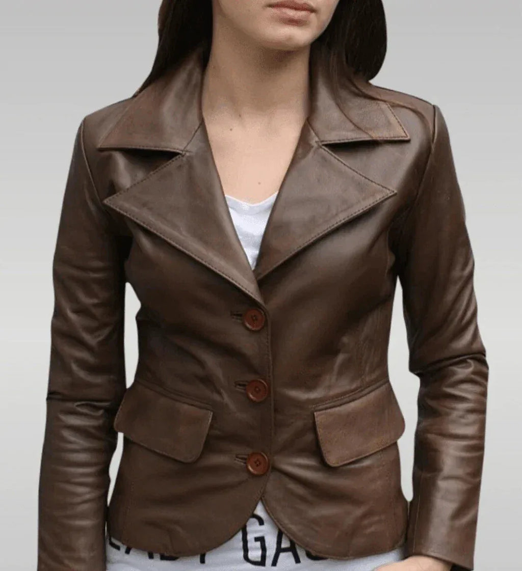 Women's Premium Taupe Brown Original Leather Blazer - Handcrafted Full-Grain Fitted Jacket