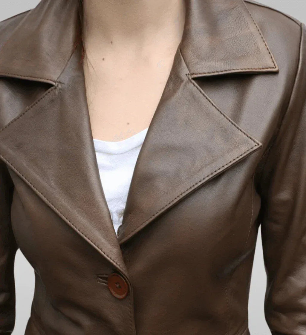 Women's Premium Taupe Brown Original Leather Blazer - Handcrafted Full-Grain Fitted Jacket