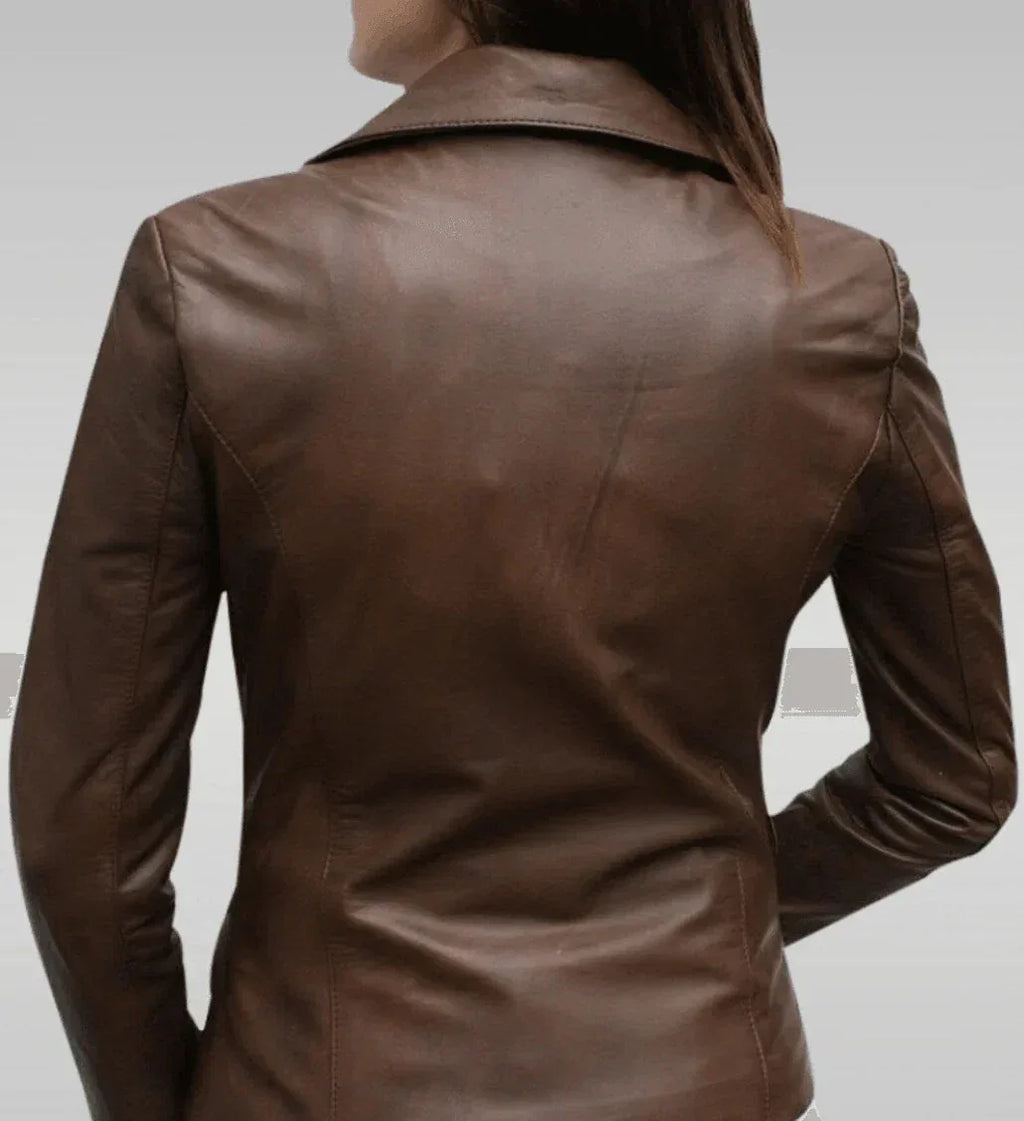 Women's Premium Taupe Brown Original Leather Blazer - Handcrafted Full-Grain Fitted Jacket