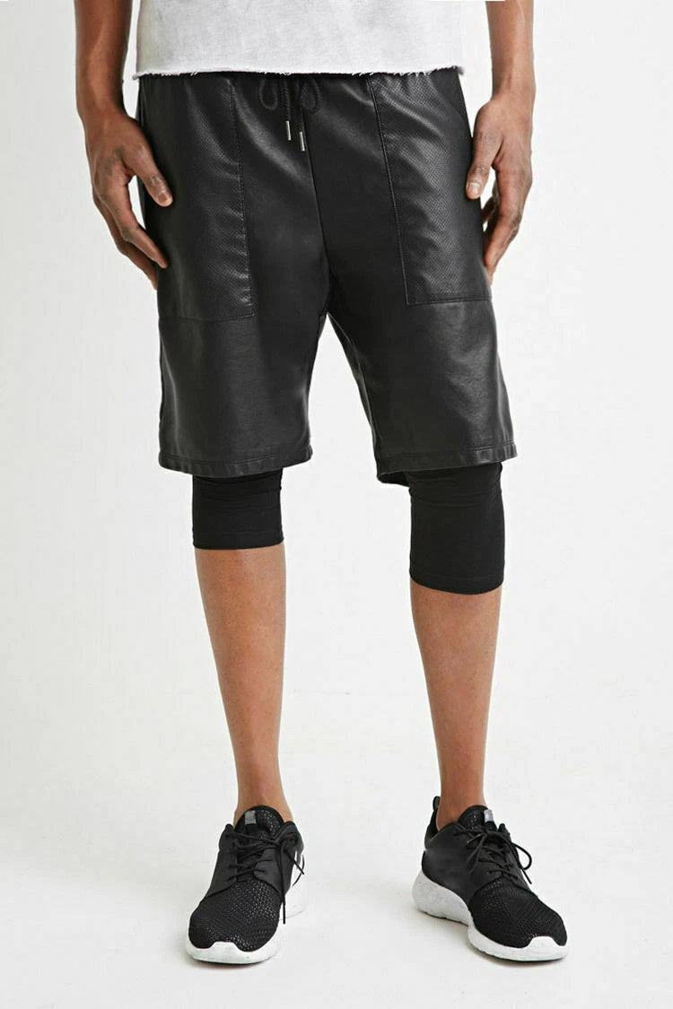 Men's Black Leather Shorts Layered Athletic Leggings 2-in-1 Design Handcrafted