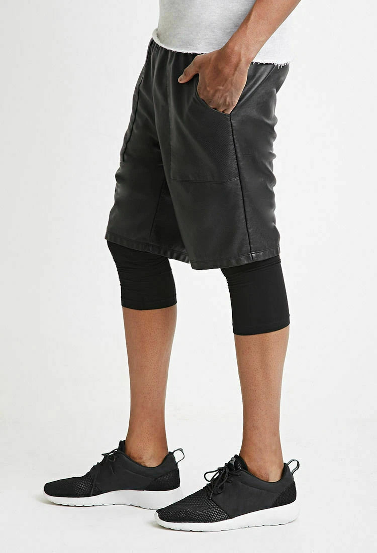 Men's Black Leather Shorts Layered Athletic Leggings 2-in-1 Design Handcrafted