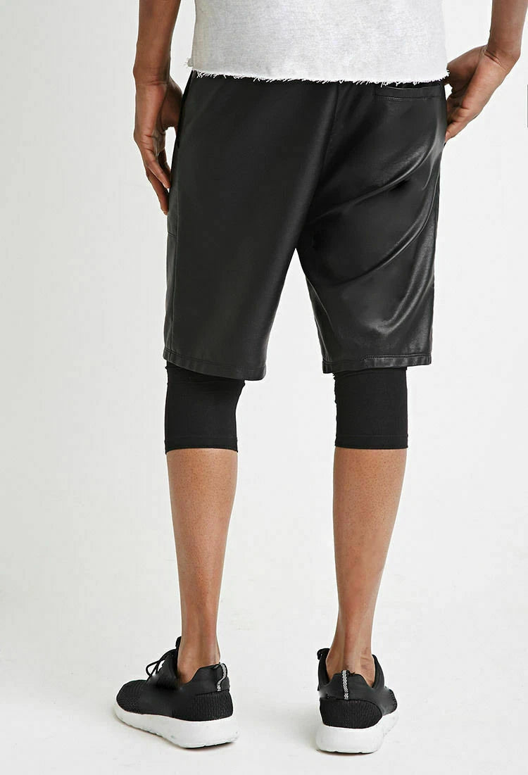 Men's Black Leather Shorts Layered Athletic Leggings 2-in-1 Design Handcrafted