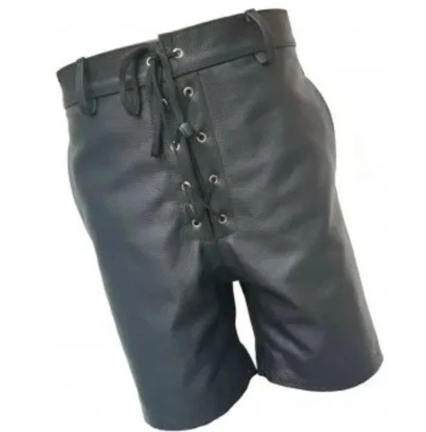 Men's Black Original Leather Shorts Front Lace-Up Detail Premium Full-Grain Handcrafted