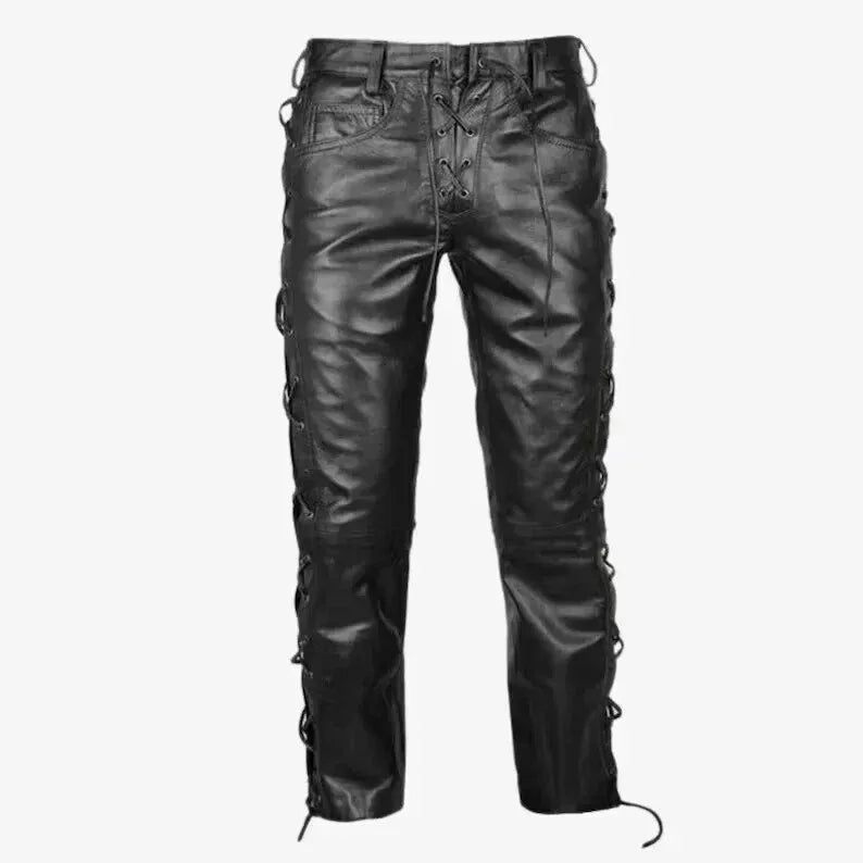 Men's Black Original Leather Pants with Lace-Up Detail - Premium Full-Grain Handcrafted