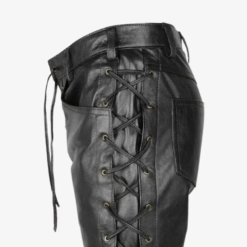 Men's Black Original Leather Pants with Lace-Up Detail - Premium Full-Grain Handcrafted