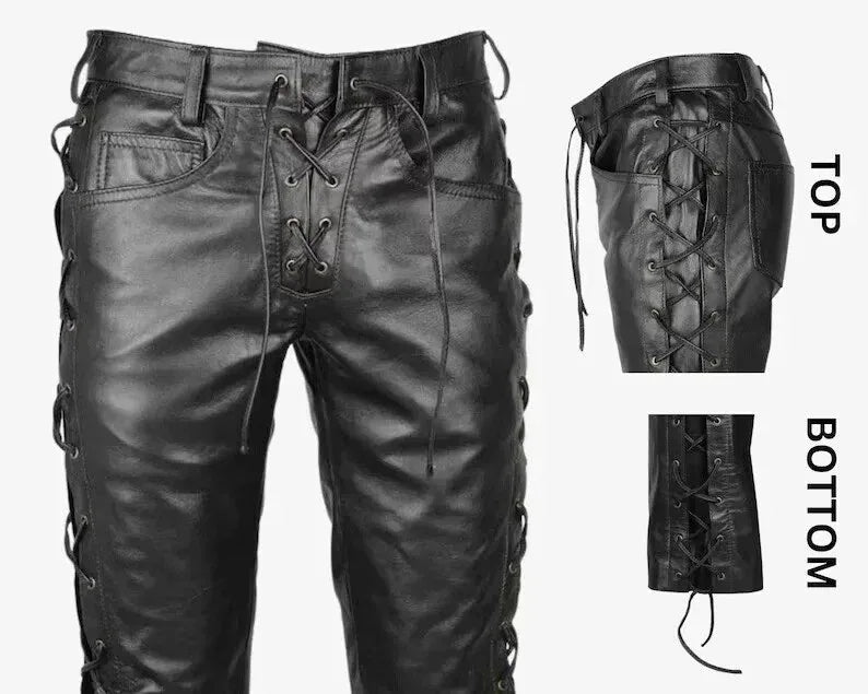 Men's Black Original Leather Pants with Lace-Up Detail - Premium Full-Grain Handcrafted