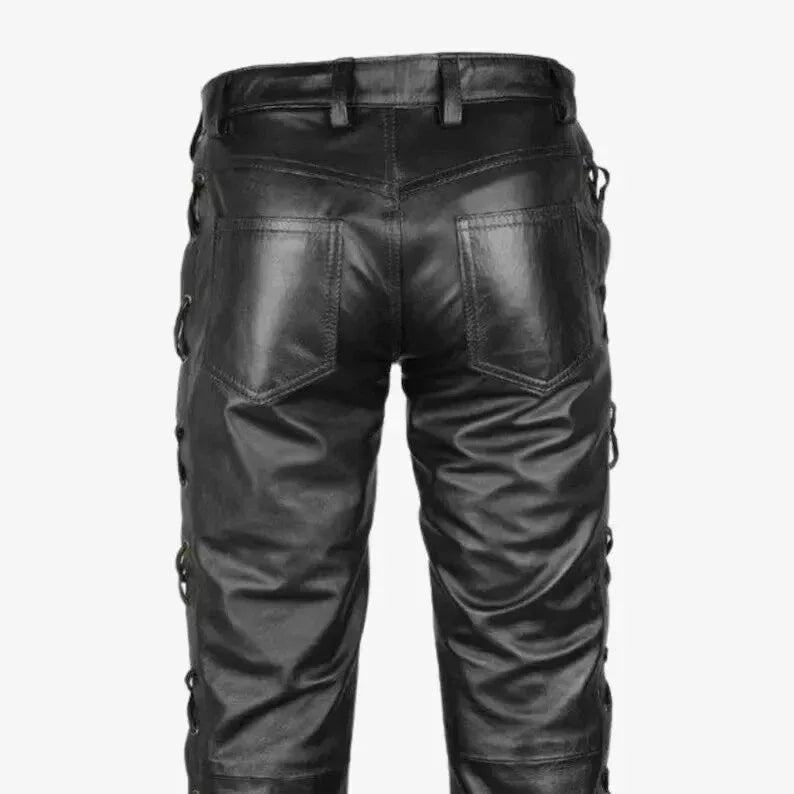 Men's Black Original Leather Pants with Lace-Up Detail - Premium Full-Grain Handcrafted