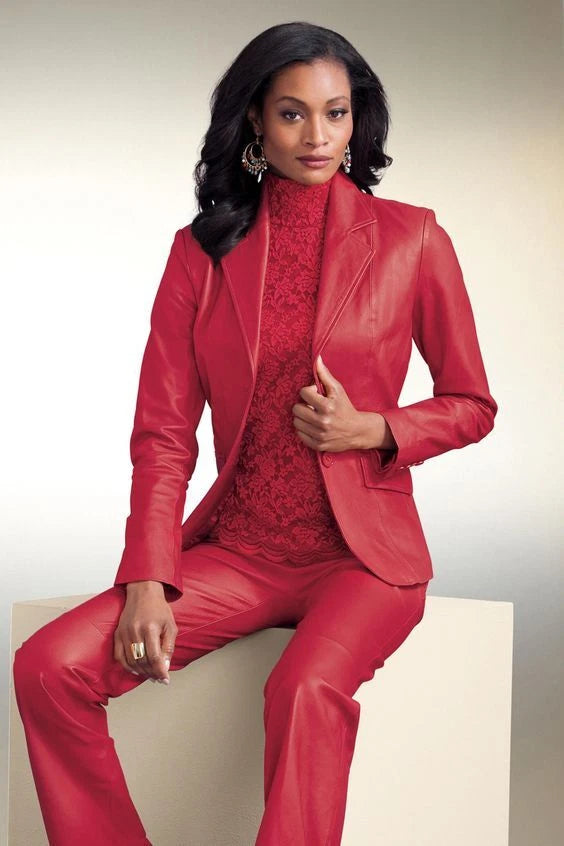 Women's Premium Coral Red Original Leather Blazer - Handcrafted Full-Grain Fitted Jacket