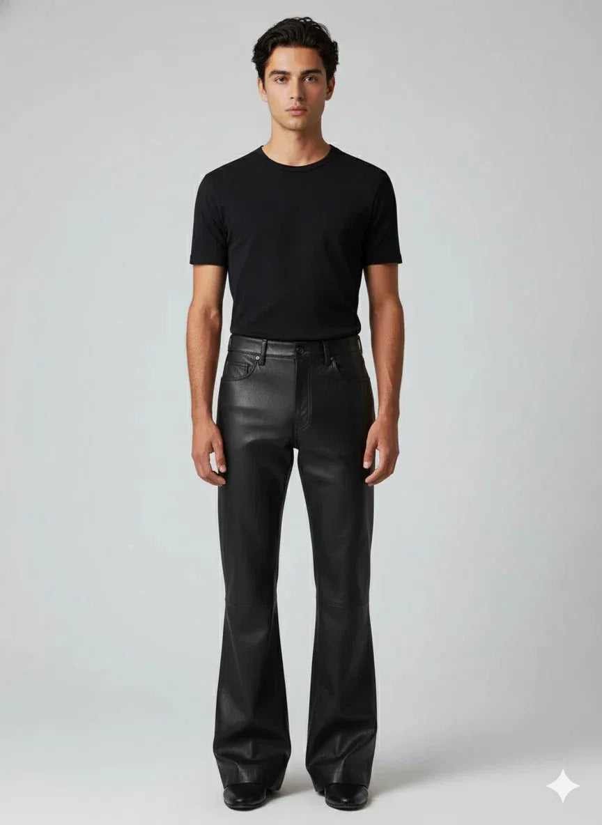 Men's Black Original Leather Flared Pants - Premium Full-Grain Handcrafted Bootcut