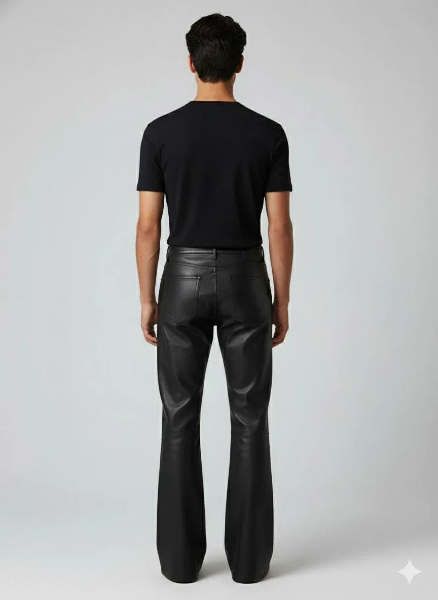 Men's Black Original Leather Flared Pants - Premium Full-Grain Handcrafted Bootcut