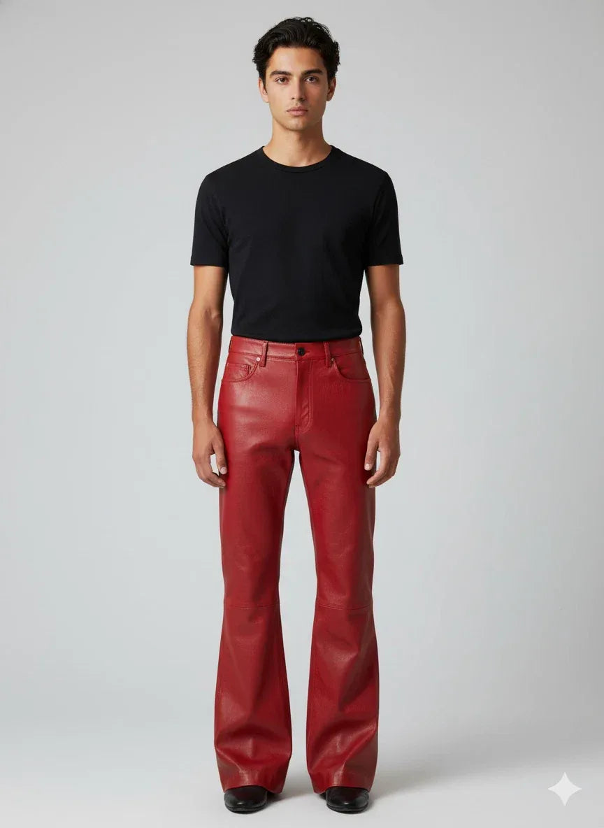 Men's Red Original Leather Flared Pants - Premium Full-Grain Handcrafted Bootcut