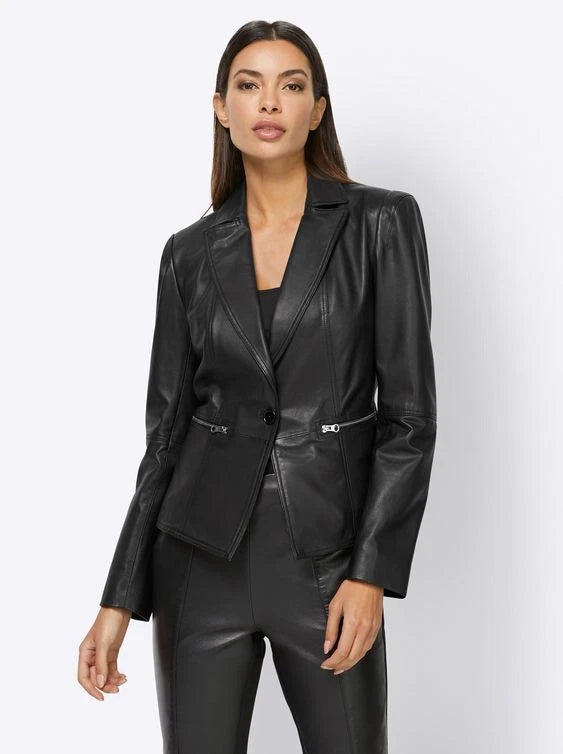Women's Premium Black Leather Original Blazer with Belt - Handcrafted Full-Grain Fitted Jacket