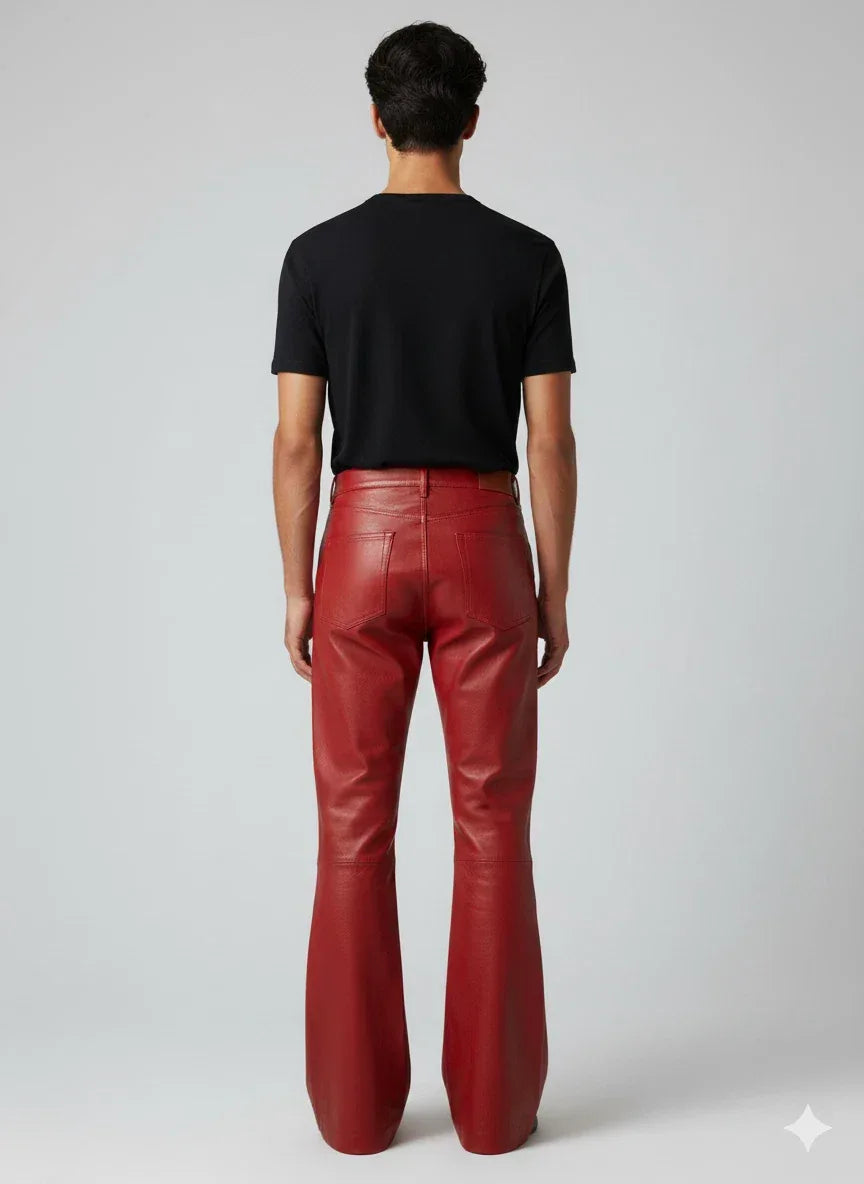 Men's Red Original Leather Flared Pants - Premium Full-Grain Handcrafted Bootcut