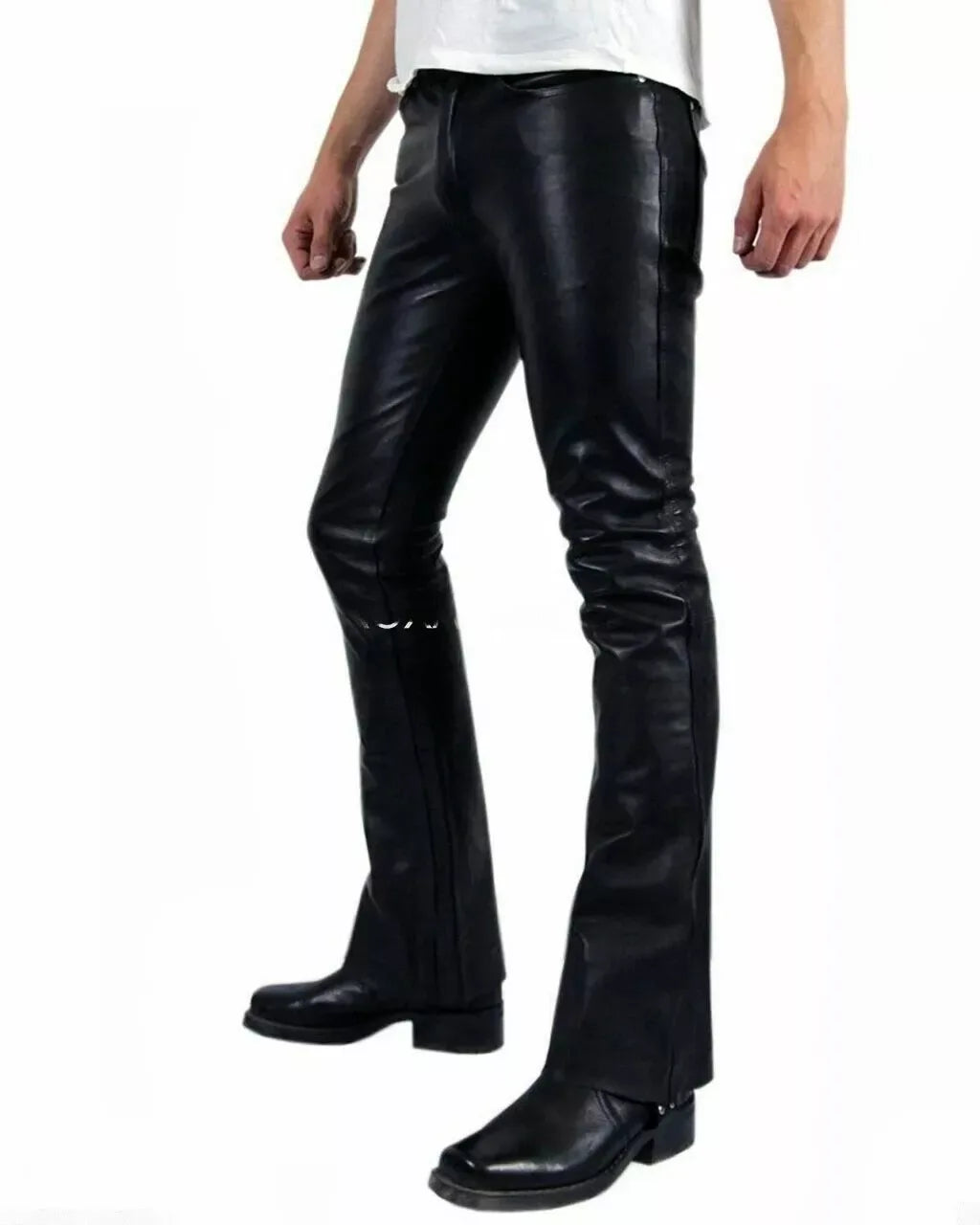 Men's Black Original Leather Bootcut Pants - Premium Full-Grain Handcrafted Flared