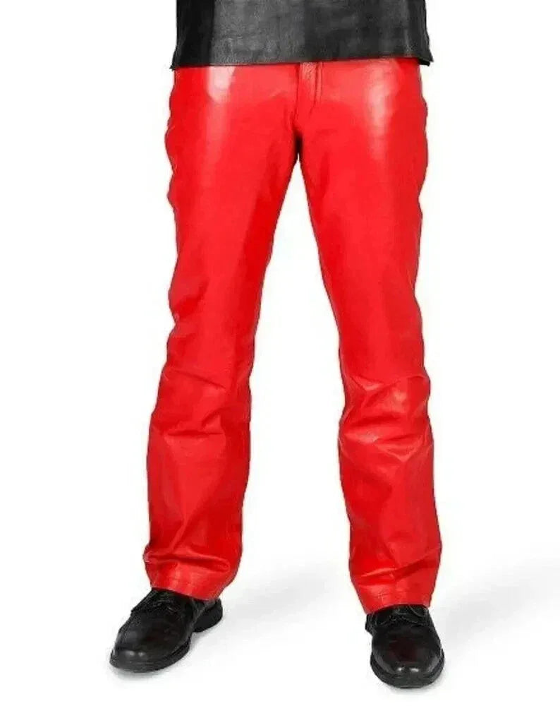 Men's Red Original Leather Straight-Leg Pants - Premium Full-Grain Handcrafted