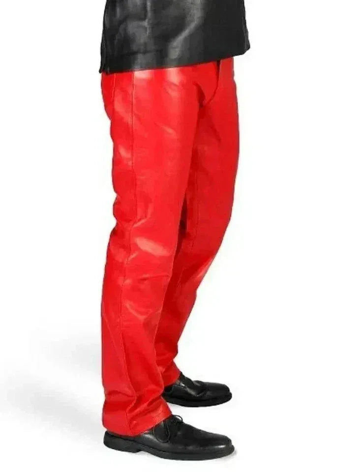 Men's Red Original Leather Straight-Leg Pants - Premium Full-Grain Handcrafted