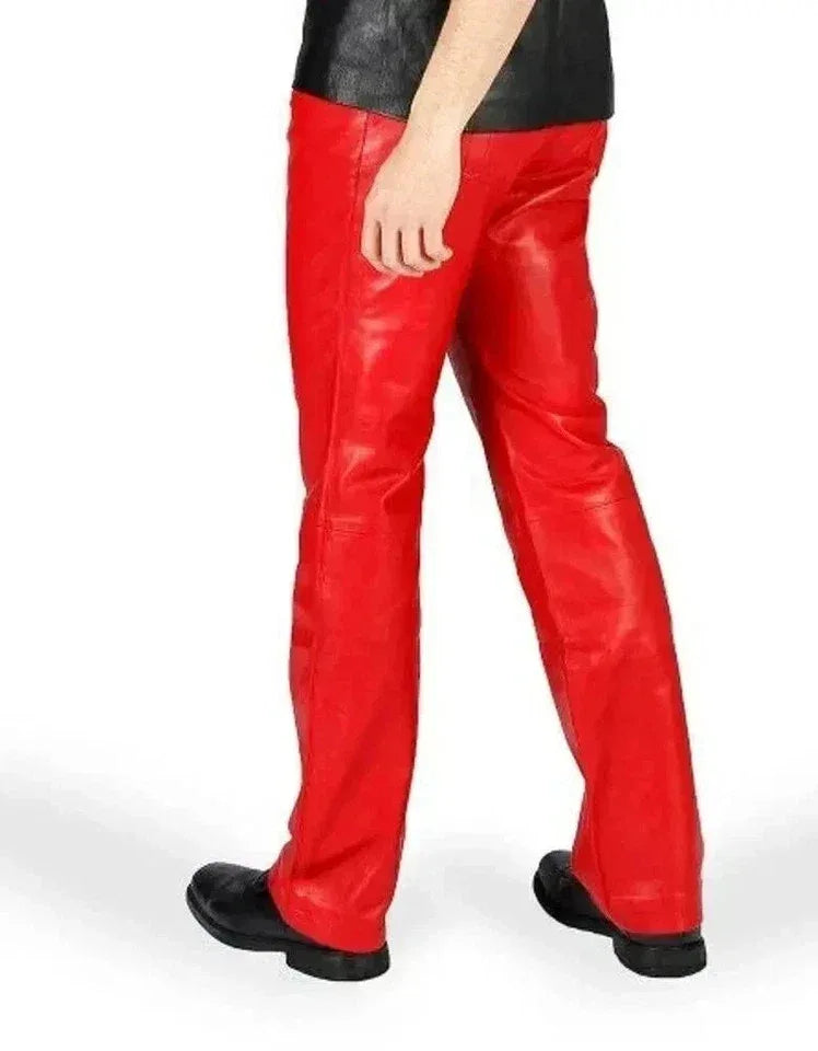 Men's Red Original Leather Straight-Leg Pants - Premium Full-Grain Handcrafted