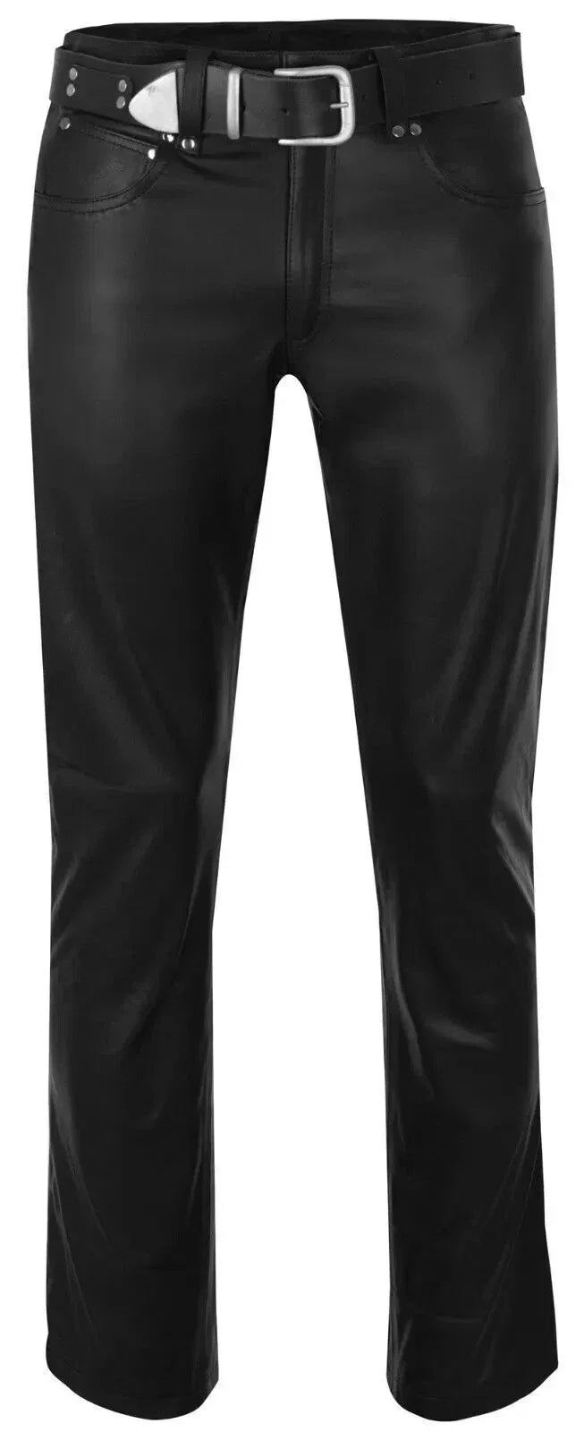 Men's Black Original Leather Bootcut Pants with Belt - Premium Full-Grain Handcrafted