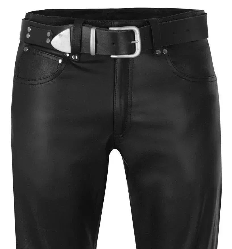 Men's Black Original Leather Bootcut Pants with Belt - Premium Full-Grain Handcrafted