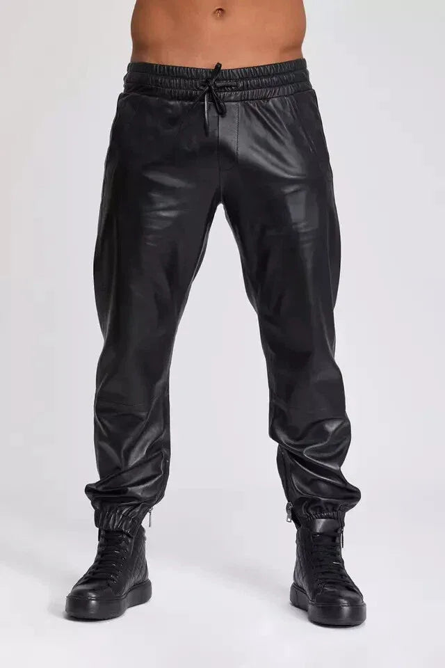 Men's Black Leather Jogger Pants - Premium Full-Grain Handcrafted Drawstring