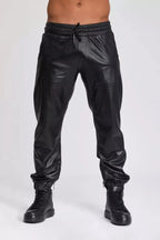 Men's Black Leather Jogger Pants - Premium Full-Grain Handcrafted Drawstring