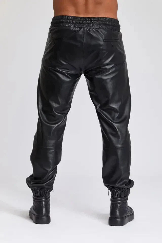 Men's Black Leather Jogger Pants - Premium Full-Grain Handcrafted Drawstring