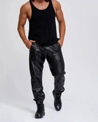 Men's Black Leather Jogger Pants - Premium Full-Grain Handcrafted Drawstring
