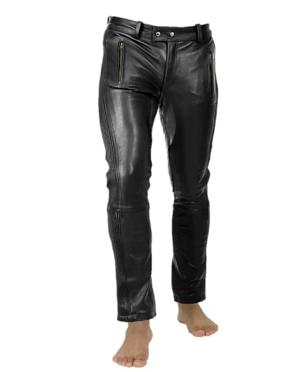Men's Black Leather Moto Pants with Ribbed Detail & Belt - Premium Full-Grain