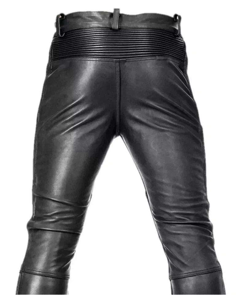 Men's Black Leather Moto Pants with Ribbed Detail & Belt - Premium Full-Grain