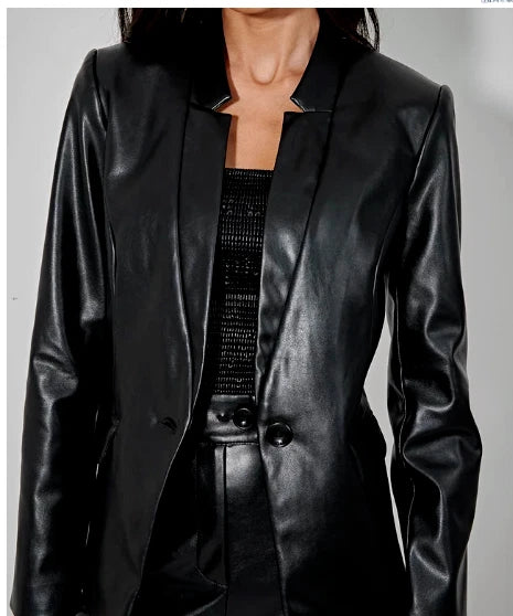 Women's Premium Black Original Leather Blazer - Handcrafted Sleek Full-Grain Fitted Jacket