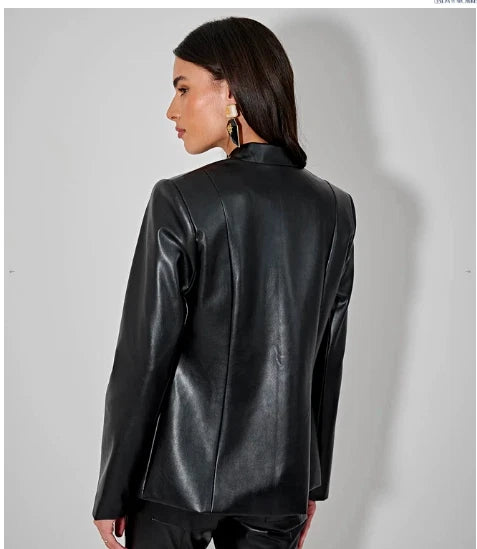 Women's Premium Black Original Leather Blazer - Handcrafted Sleek Full-Grain Fitted Jacket
