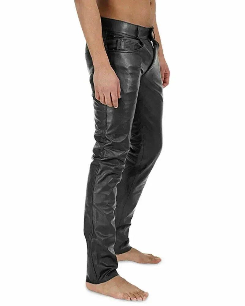 Men's Black Original Leather Skinny-Fit Pants - Premium Full-Grain Handcrafted Slim
