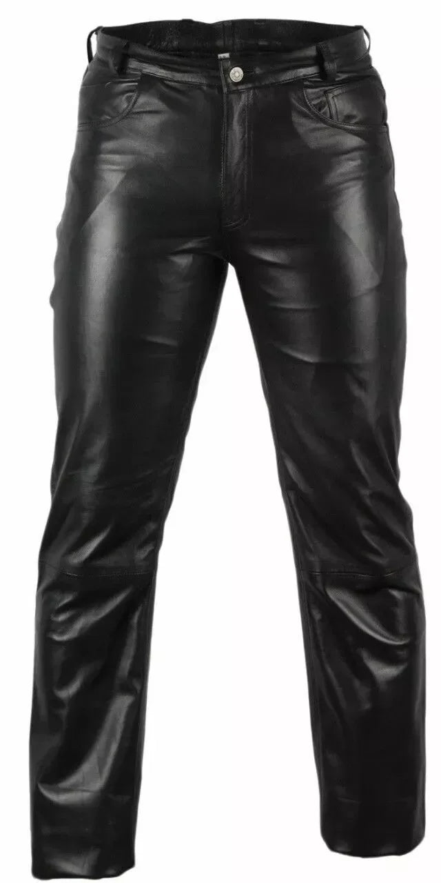 Men's High-Gloss Black Leather Straight-Leg Pants - Premium Full-Grain Handcrafted