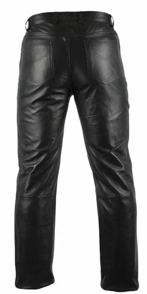 Men's High-Gloss Black Leather Straight-Leg Pants - Premium Full-Grain Handcrafted