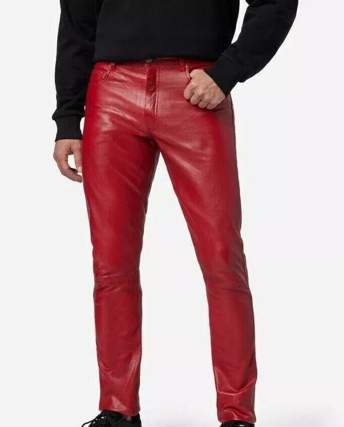 Men's Bold Red Full-Grain Original Leather Pants - Slim Fit Statement Piece