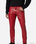 Men's Bold Red Full-Grain Original Leather Pants - Slim Fit Statement Piece