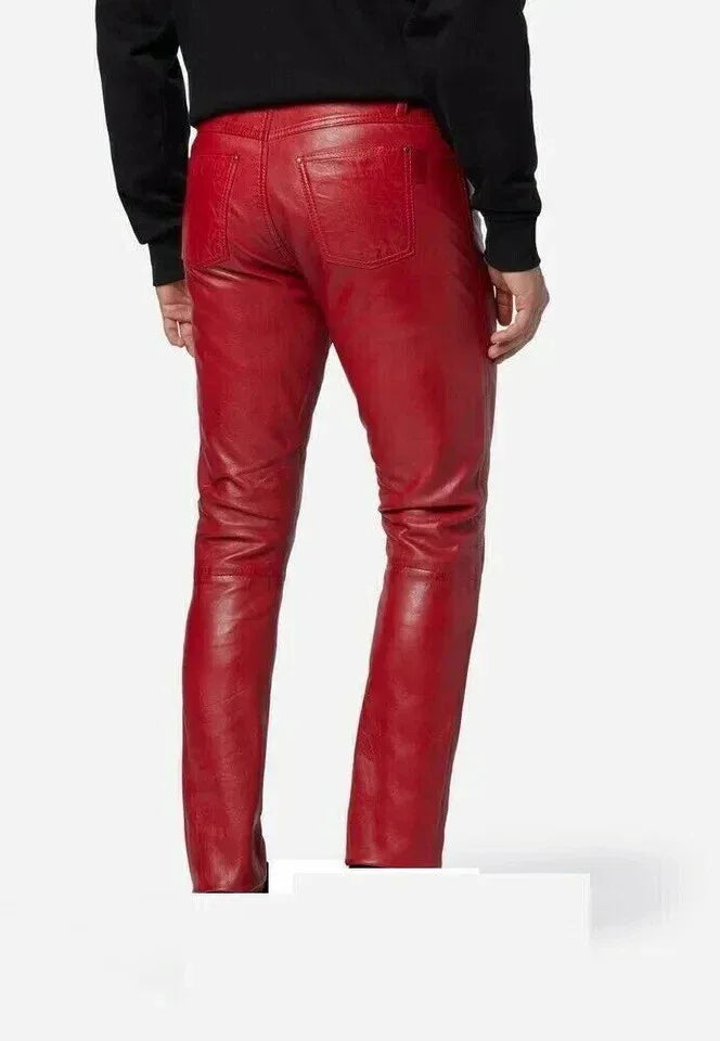Men's Bold Red Full-Grain Original Leather Pants - Slim Fit Statement Piece