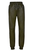 Men Olive Green Full-Grain Original Leather Joggers - Relaxed Fit