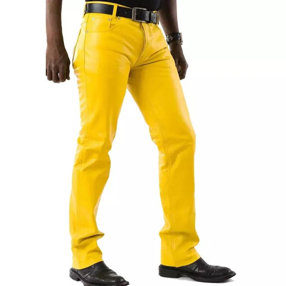 Men's Yellow Full-Grain Original Leather Pants - Straight Leg Statement Piece